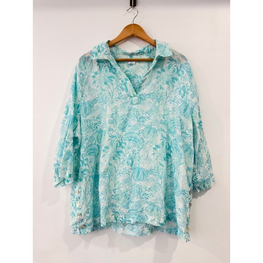 Sigrid Olsen Women's Aqua Floral Linen Blouse 2X